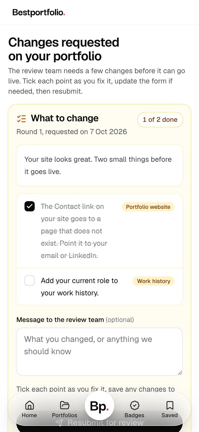 Changes requested on your portfolio: a What to change checklist with two points, one ticked.
