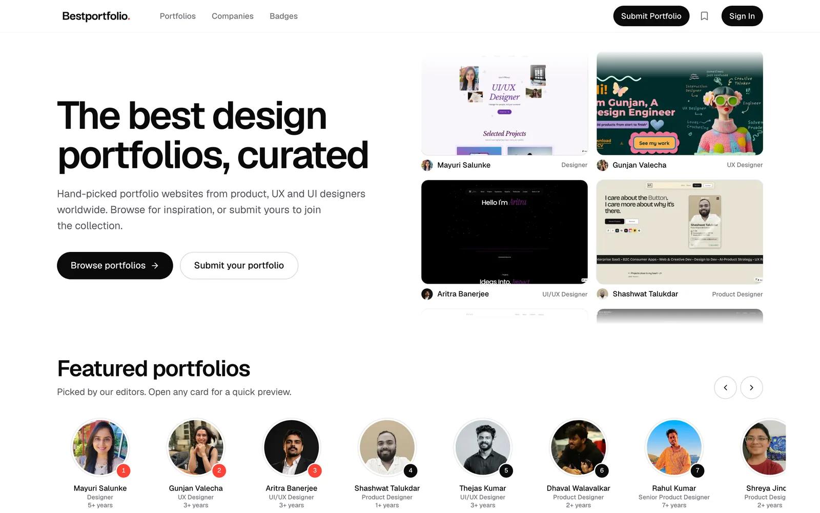 The BestPortfolio home page: each portfolio is shown by the first screen of its own site.