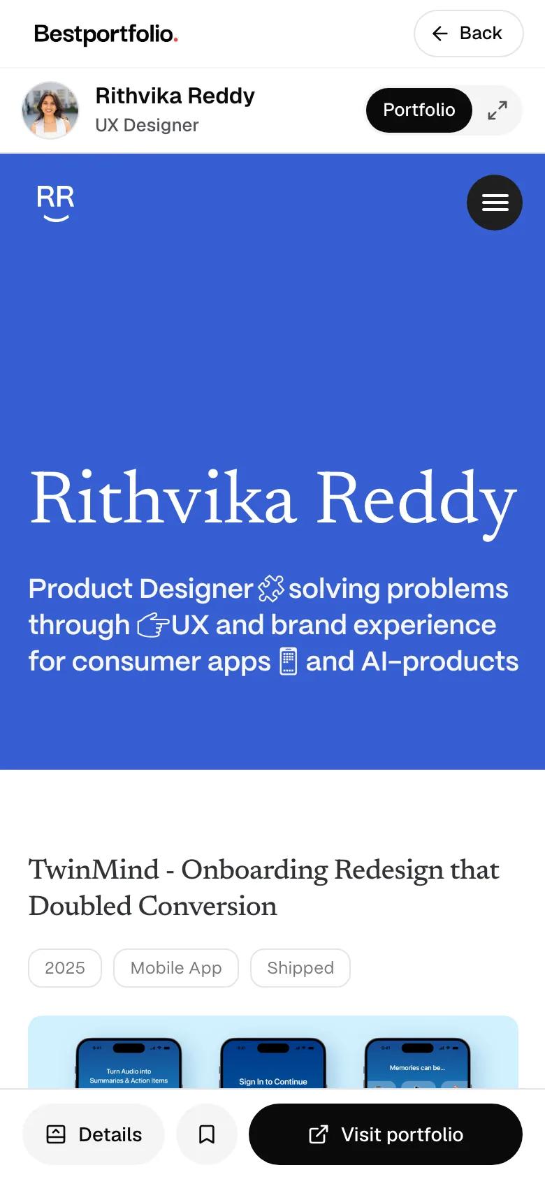 Rithvika Reddy's page on BestPortfolio: her name, role and badges (Verified, Featured, Top 10) beside a live preview of her site.