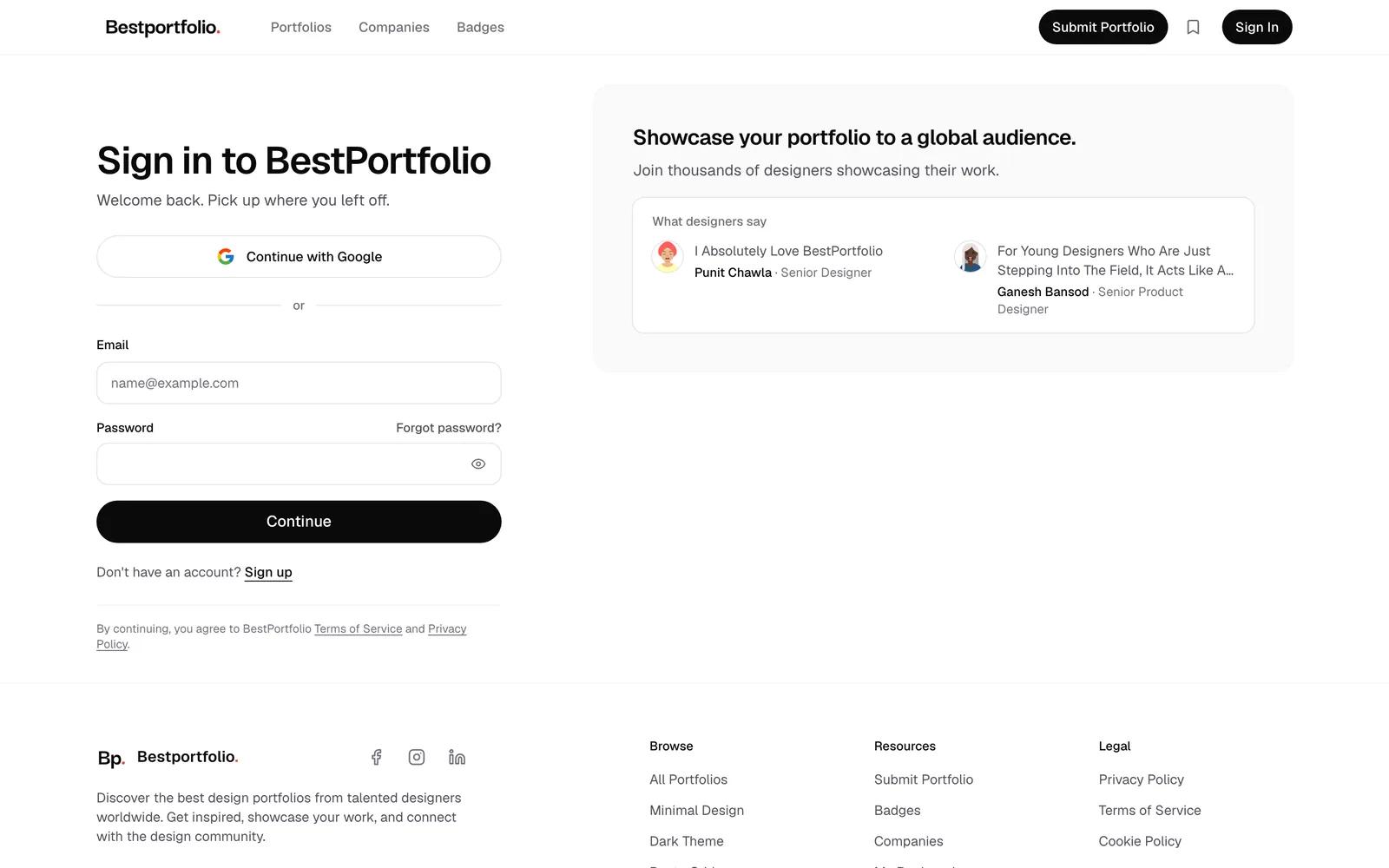 The Sign in to BestPortfolio page, with Continue with Google, or an email and password.
