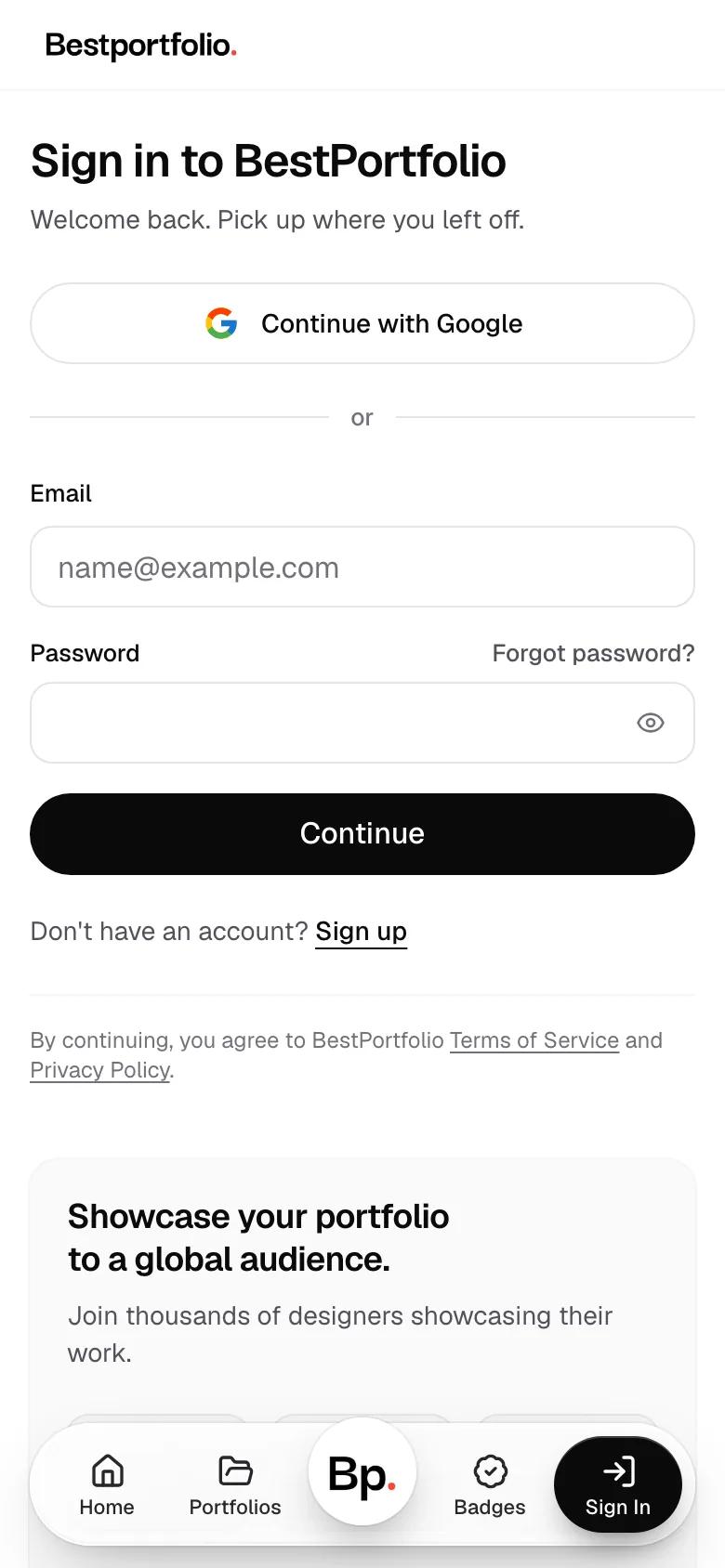 The Sign in to BestPortfolio page, with Continue with Google, or an email and password.