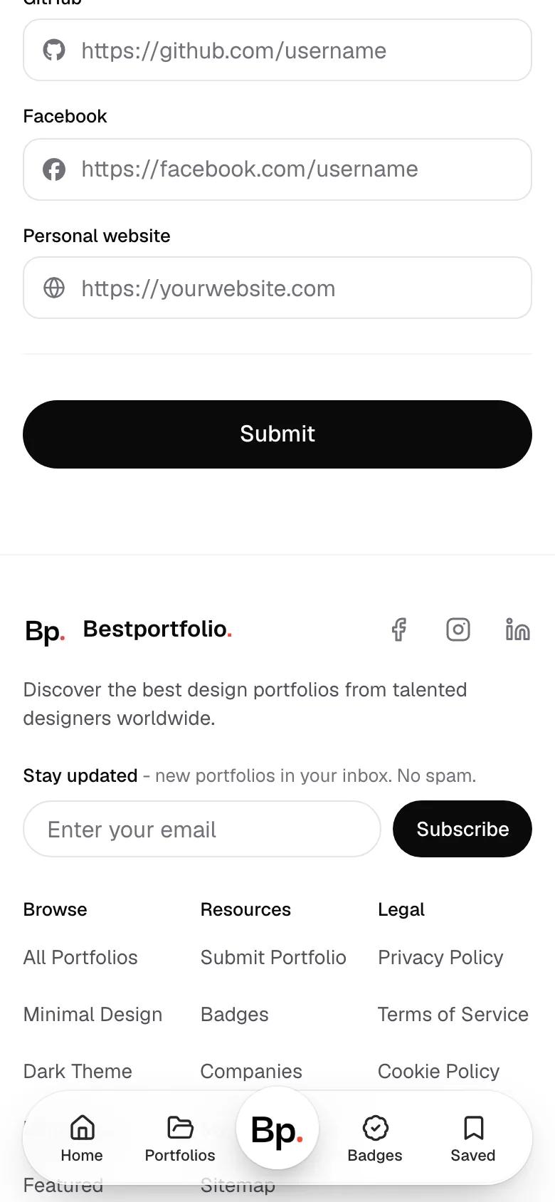 The social links fields: Behance and Instagram are filled in, GitHub, Facebook and Personal website are left empty.