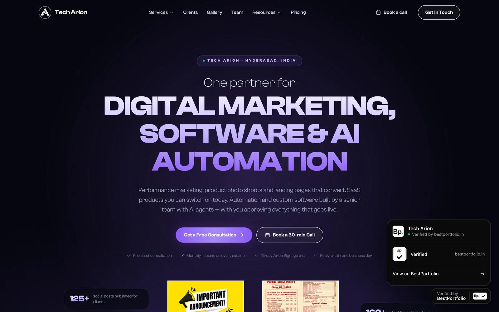techarion.com, a real portfolio site, with the BestPortfolio badge open in the bottom right corner: Tech Arion, verified by bestportfolio.in, with a link to view it on BestPortfolio.