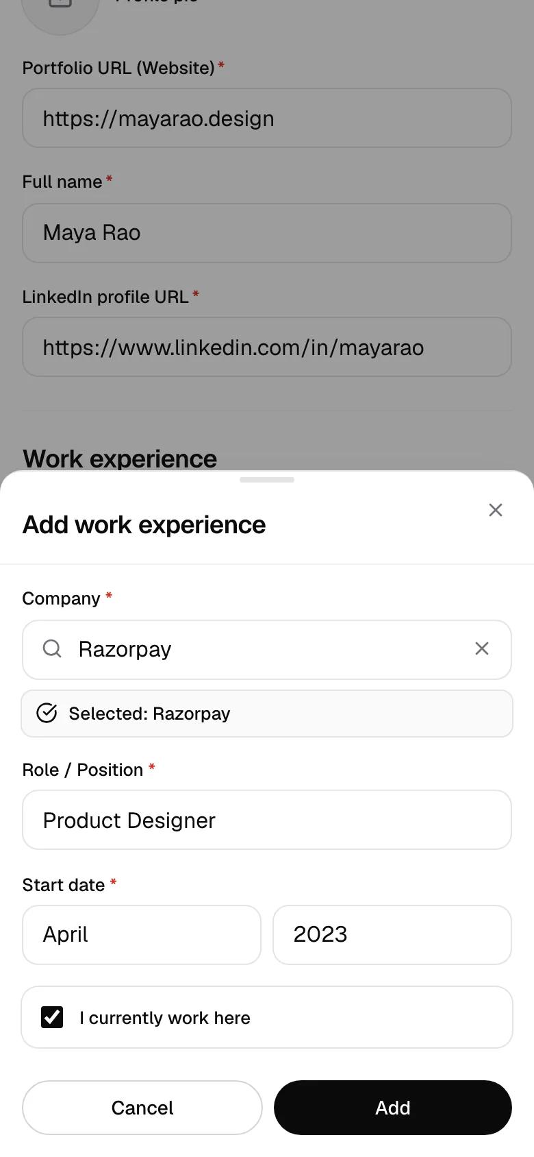 The Add work experience dialog: Razorpay selected, Product Designer, April 2023, I currently work here ticked.