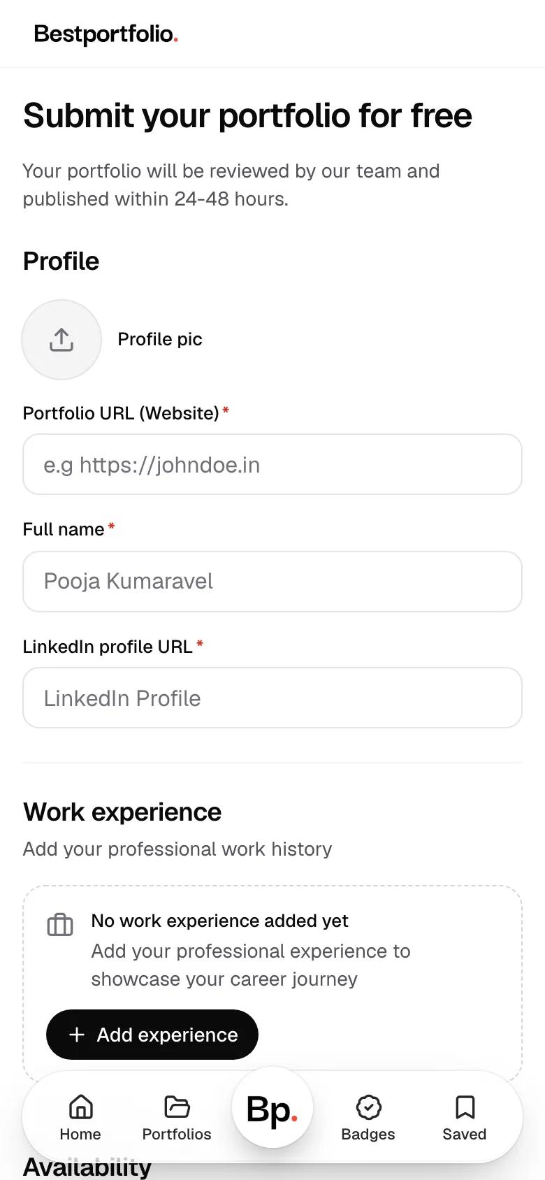 The Submit your portfolio for free form, empty: Portfolio URL, Full name and LinkedIn profile URL are required.