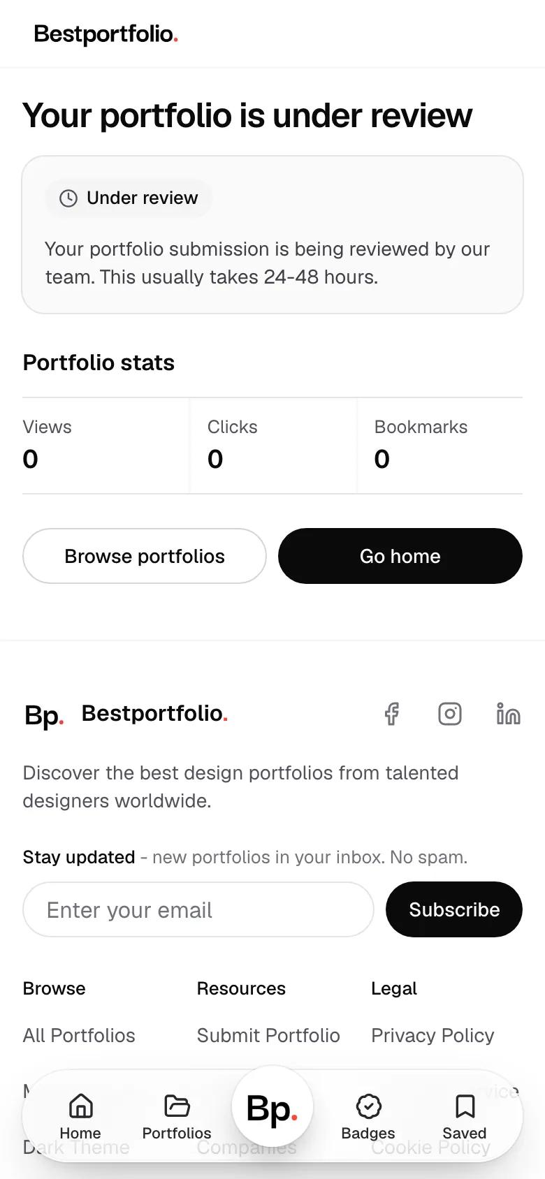 The page now reads Your portfolio is under review, with the note Under review.